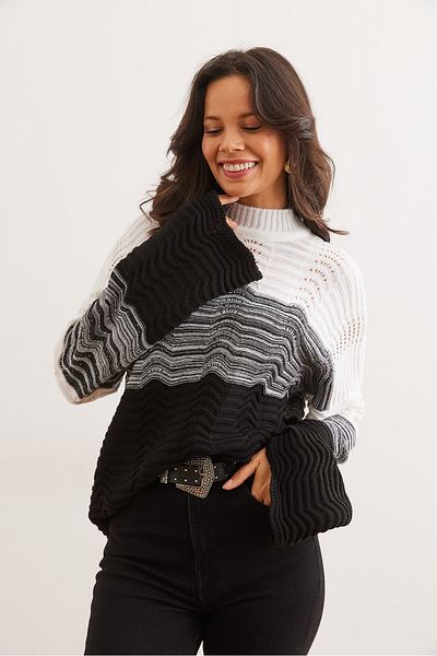 Olalook Pulover de damă negru cu model ondulat cu schimbare de culoare KZK- 19000950