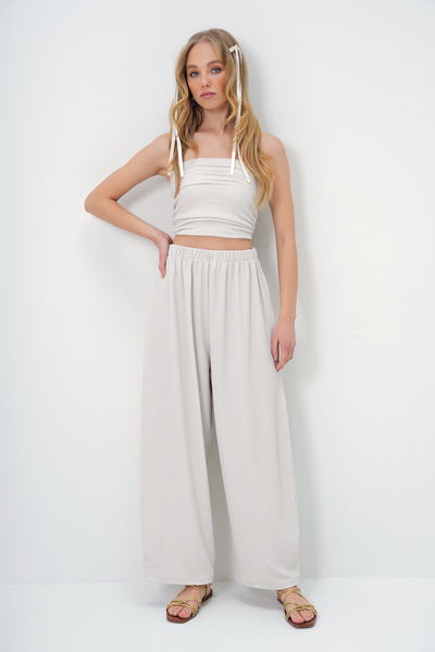 Trend Alaçatı Stili Women's Stone Textured Side Draped Strapless Crop Blouse and Pants Suit Alc-X13410