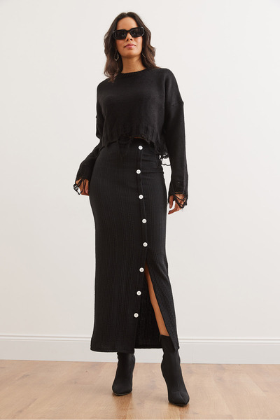 Olalook Fusta lungă cu nasturi cu talie elastică neagră pentru femei ETK- 19000293