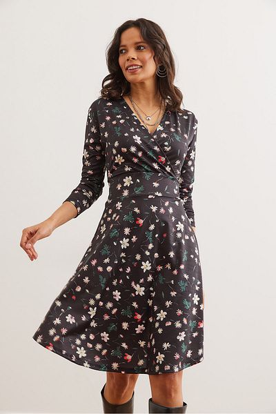 Olalook Schwarz-weißes, zweireihiges Strickkleid mit Blumenmuster für Damen ELB- 19000962