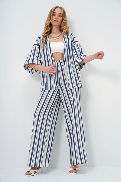 Trend Alaçatı Stili Navy Blue-White Striped Knitwear Oversize Kimono and Pants Set - Alc-X13412