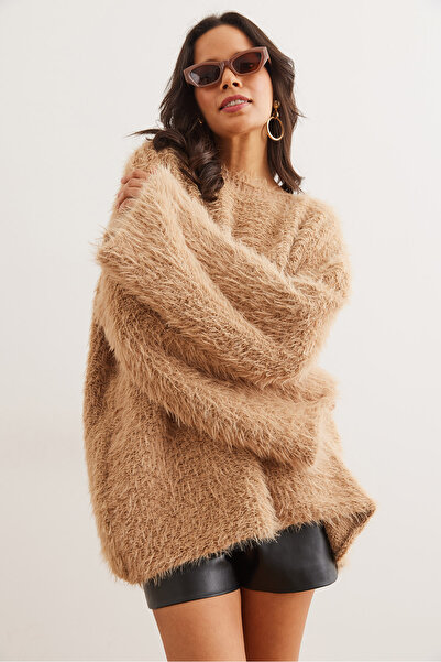 Olalook Camel Color Oversize Knitwear Women's Sweater - Long Beard Kzk- 19000954