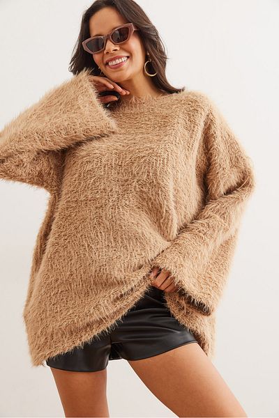 Olalook Camel Color Oversize Knitwear Women's Sweater - Long Beard Kzk- 19000954