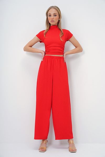Trend Alaçatı Stili Red Women's Crop Blouse and Wide Leg Pants Set - Stand Collar with Draped Side Alc-X13411