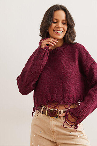 Olalook Women's Burgundy Laser Ripped Detailed Soft Textured Knitwear Sweater Kzk- 19000885