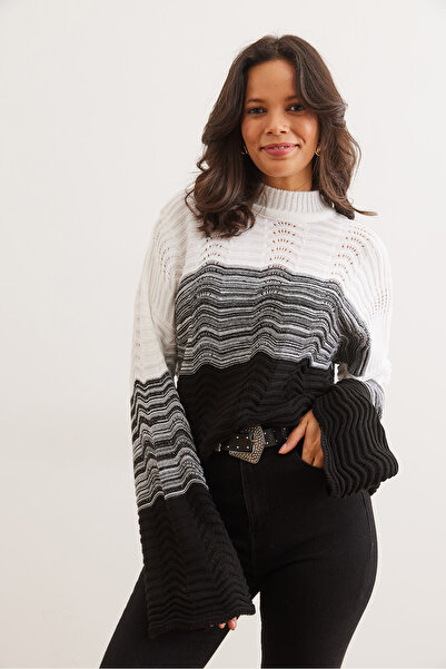Olalook Women's Black Wave Patterned Color Transitional Knitwear Sweater Kzk- 19000950