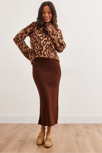 Olalook Camel Leopard Print Women's Dress and Knitwear Sweater Set - Tkm- 19000337
