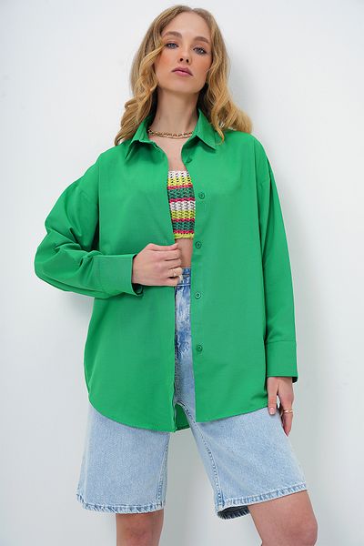 Trend Alaçatı Stili Grünes, langes, gewebtes Oversize-Hemd für Damen ALC-X6828