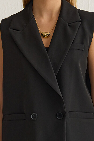 Trendyol Collection Чорний оверсайз плетений двобортний жилет з леопардовою підкладкою та кишенями TWOSS25YE00014