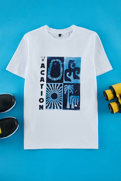 TRENDYOLKIDS Ecru potištěné pletené tričko Tkdss25Ts00058