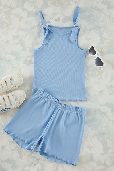 TRENDYOLKIDS Light Blue Female Child Basic Tie-Up Sleeveless Undershirt Shorts Knitted Top and Bottom Set Tkdss25Au00018