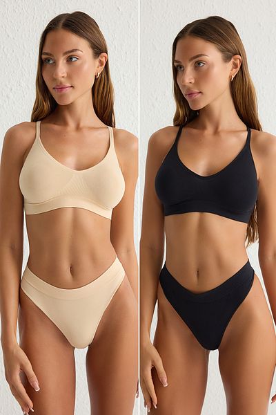 Trendyol Collection Seamless schwarzes und hautfarbenes Tanga-Höschen im 2er-Set – THMSS25KU00012