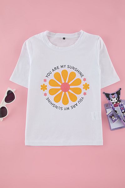 TRENDYOLKIDS Knitted Ecru Floral Print T-Shirt - Tkdss25Ts00039