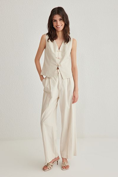 Trendyol Collection V-Neck Beige Linen Vest - Tie Front Design, Woven, Twoss25Ye00029