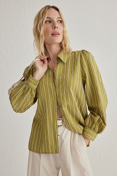 Trendyol Collection Koszula w paski w kolorze khaki z wiązaniem z tyłu i guzikami, regularny krój, tkana, Twoss25Go00104