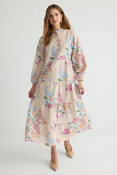 Trendyol Modest Ροζ φλοράλ υφαντό λινό φόρεμα TCTSS25EB00034