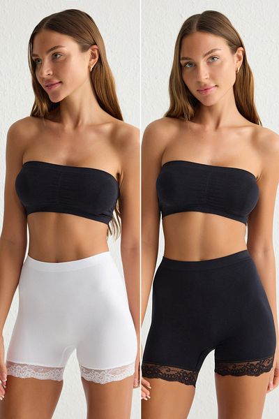 Trendyol Collection 2er-Pack schwarz-weiße, nahtlose Spitzen-Boxershorts – THMSS25KU00020