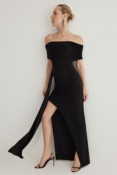 Trendyol Collection Μαύρο Πλεκτό Κομψό Βραδινό Φόρεμα με γιακά Carmen TPRSS25AE00029