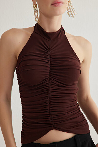 Trendyol Collection Плетено бюстие с кафява драперия Tprss25Bs00002