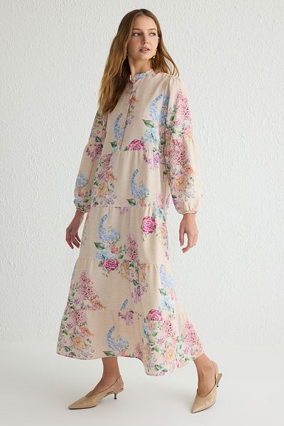 Trendyol Modest Rochie roz cu aspect de in țesut floral TCTSS25EB00034