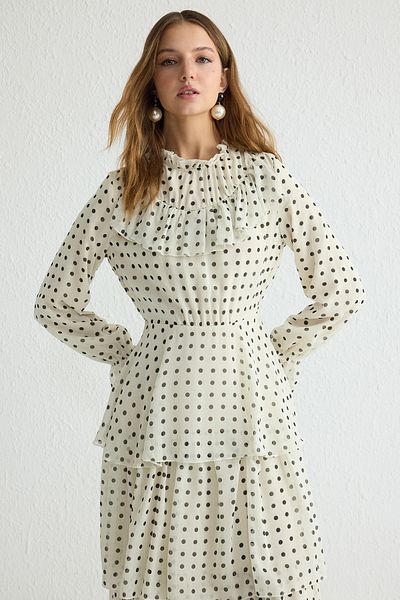 Trendyol Modest Ecru Polka Dot Print Silvery Woven Lined Chiffon Dress Tctss25Eb00039