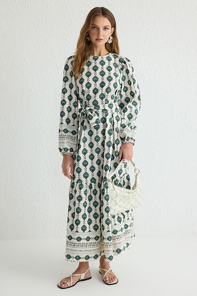Trendyol Modest Dunkelgrünes, gewebtes Kleid im Leinen-Look mit ethnischem Muster TCTSS24EB00062