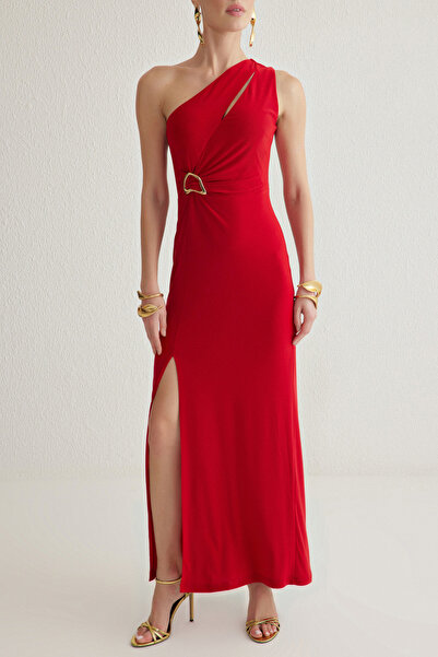 Trendyol Collection Rotes, figurbetontes Accessoire, detailliertes, gestricktes, langes, stilvolles Abendkleid, Nachtabendkleid TPRSS25AE00016