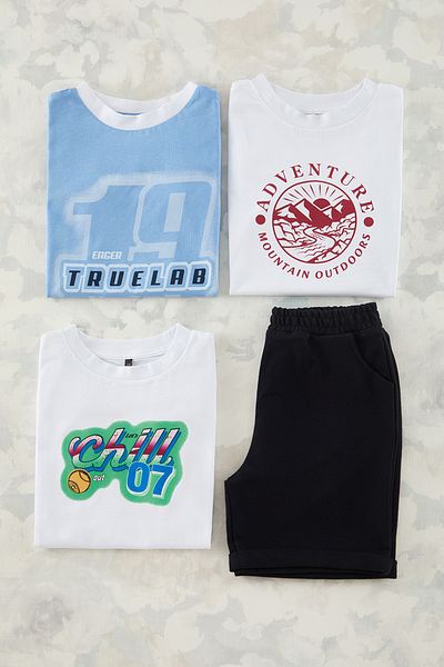 TRENDYOLKIDS Set of 4 White-Blue-Red Knitted T-Shirt and Shorts Set - Tkdss25Ts00040