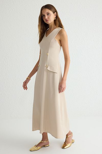 Trendyol Modest Φόρεμα Gilet από υφαντό ύφασμα μπεζ TCTSS25EB00026