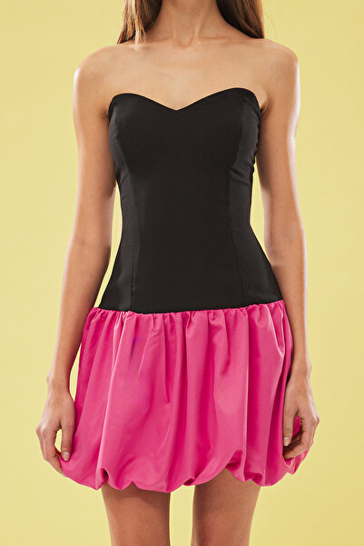 Trendyol Collection Black-Fuchsia Body-Fitting Balloon Skirt Detail Stylish Short Dress Tprss25El00096