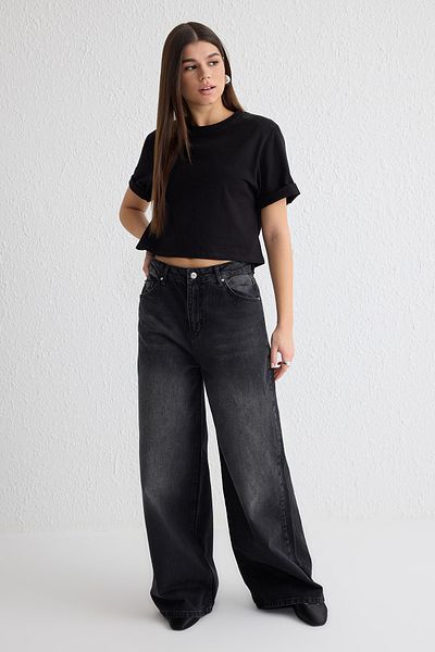 Trendyol Collection Schwarze Palazzo-Jeans mit hoher Taille und extra breitem Bein TWOSS25JE00066