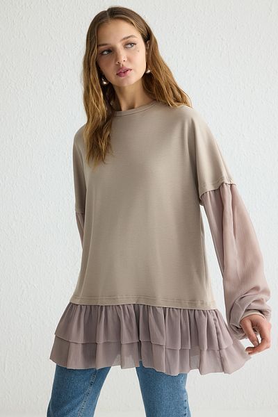 Trendyol Modest Nerz gewebte, detaillierte, gerüschte Strick-Tunika TCTSS25UK00004