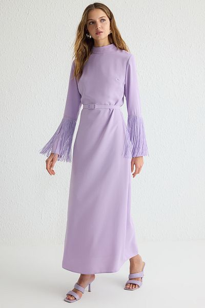 Trendyol Modest Fliederfarbenes, mit Quasten verziertes, gewebtes Abendkleid TCTSS25DB00010