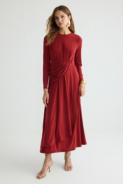 Trendyol Modest Tile Sandy gestricktes gerades Abendkleid – TCTSS25DB00016