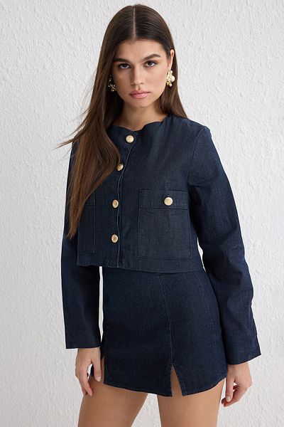 Trendyol Collection Дънково яке с тъмносиньо копче Twoss25Ce00011