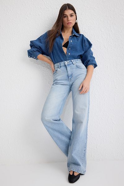 Trendyol Collection Blugi albaștri cu talie normală cu picioare largi TWOSS25JE00088