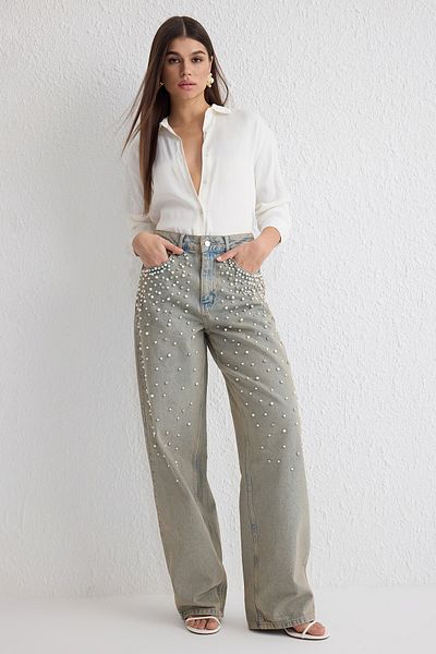 Trendyol Collection Blugi cu barel cu talie normală cu perle albastre TWOSS25JE00028