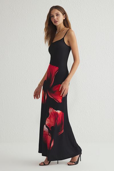 Trendyol Collection Dehnbares, gestricktes, schwarzes, figurbetontes Maxikleid mit Blumendruck und Hosenträgern TWOSS23EL02435
