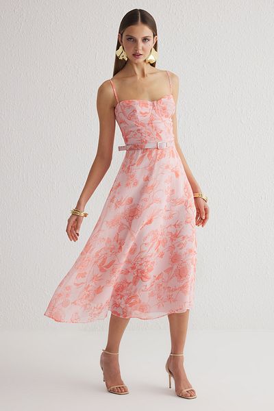 Trendyol Collection Többszínű A-kivágású virágmintás sifon kötött elegáns ruha TPRSS25EL00098