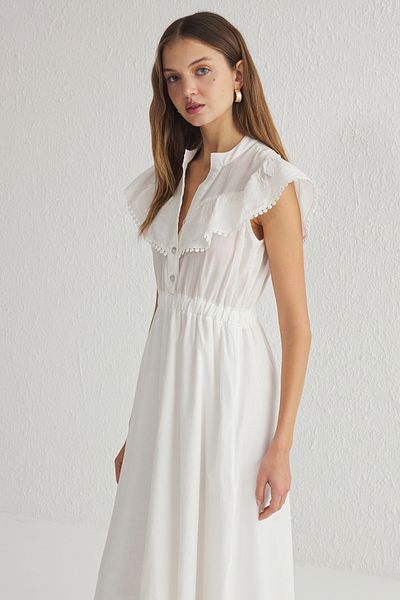 Trendyol Collection Ecru Skirt Waist Opening Embroidery Neckline Detail Lined Maxi Woven Dress Twoss25El00180
