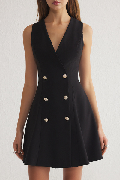 Trendyol Collection Černé knoflíkové mini tkané bundové šaty TWOSS25EL00117