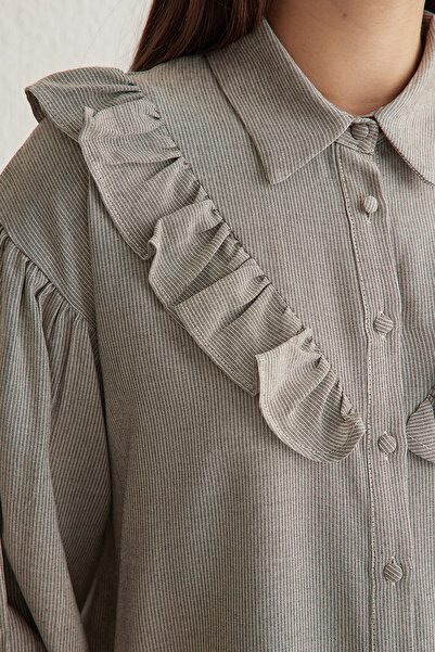 Trendyol Collection Gray Ruffle Cotton Woven Shirt Twoss20Go0357