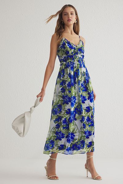 Trendyol Collection Fusta cu flori Saks Rochie maxi țesătă cu volane cu deschidere în talie TWOSS23EL02013