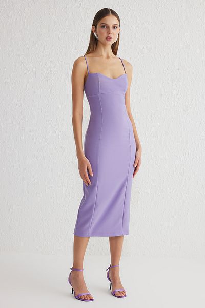 Trendyol Collection Λιλά Εφαρμοσμένο Υφαντό Μίντι Κομψό Βραδινό Φόρεμα Νυχτερινής Αποφοίτησης TPRSS25EL00189