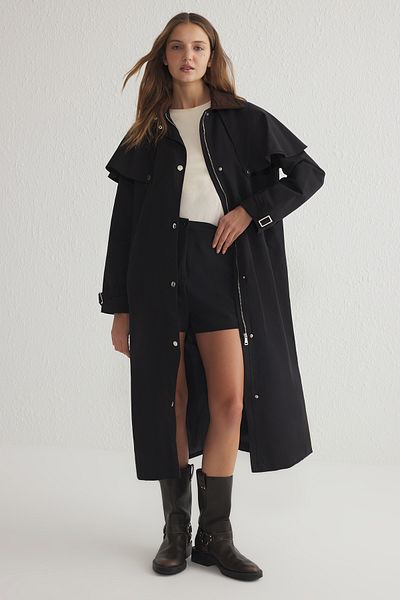 Trendyol Collection Černý oversize trenčkot Twoss25Tr00012