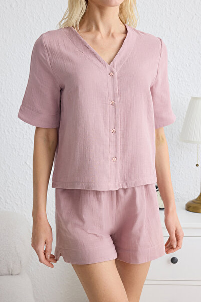 Trendyol Collection Dusty Rose 100% Cotton Lacing Detail Muslin Shorts Woven Pajamas Set Thmss25Pt00159