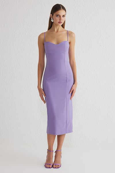 Trendyol Collection Λιλά Εφαρμοσμένο Υφαντό Μίντι Κομψό Βραδινό Φόρεμα Νυχτερινής Αποφοίτησης TPRSS25EL00189