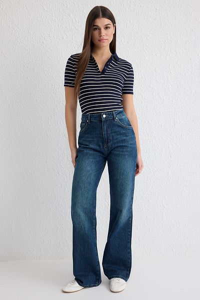 Trendyol Collection Sötétkék magas derekú széles lábú farmer TWOSS25JE00108