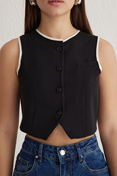 Trendyol Collection Black Fitted White Filthy Stitching Detail Woven Vest Twoss25Ye00052