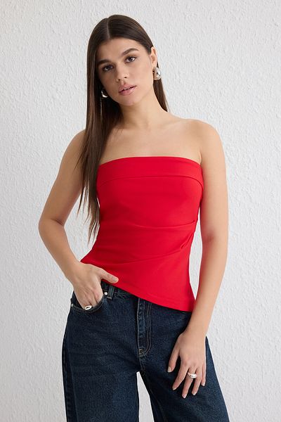 Trendyol Collection Red Strapless Asymmetrical Cut Woven Blouse Twoss25Bz00172